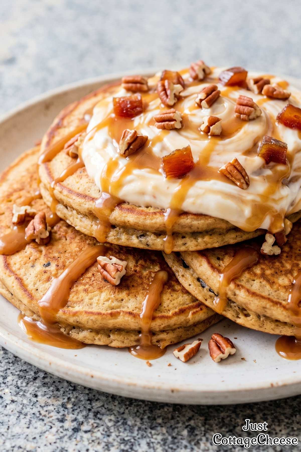 High protein sticky toffee pancake stack