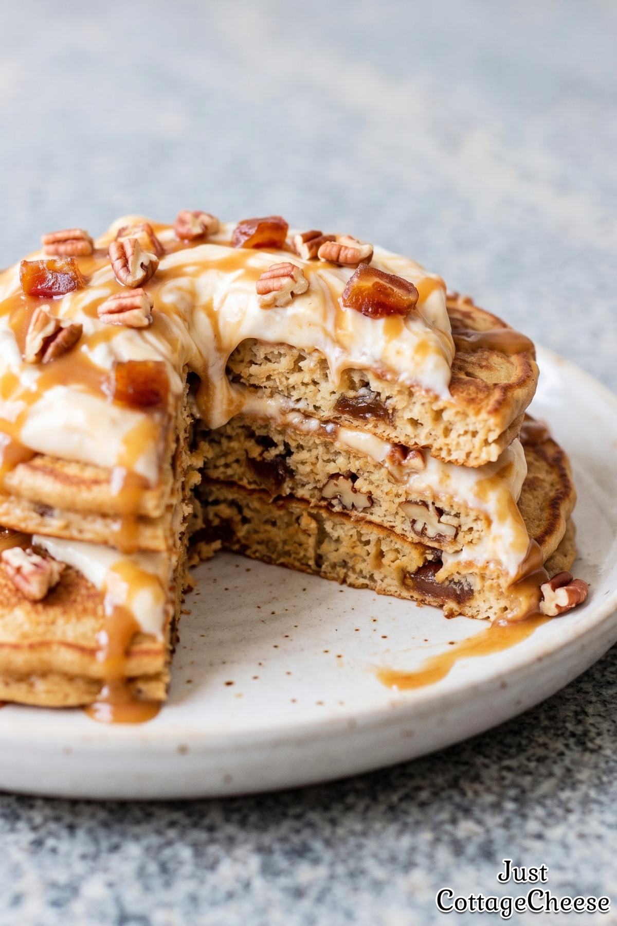 Sweet sticky toffee cottage cheese pancakes