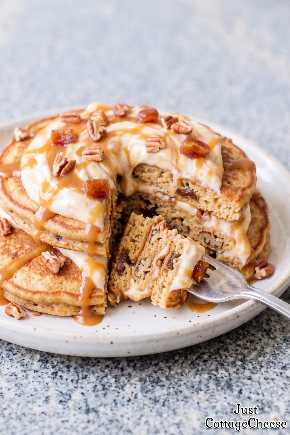 Golden protein pancakes drizzled with toffee