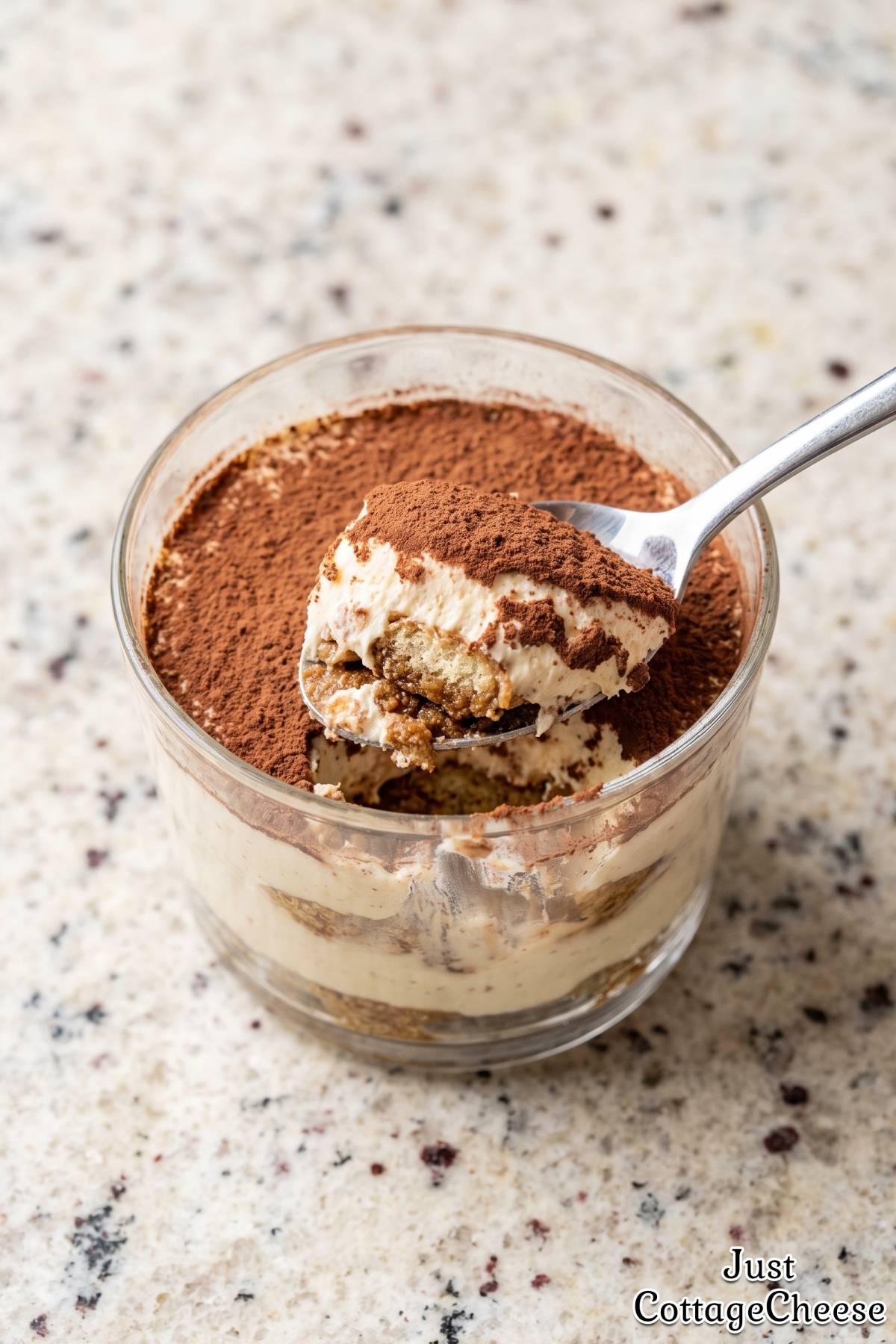 Cocoa dusted cottage cheese tiramisu