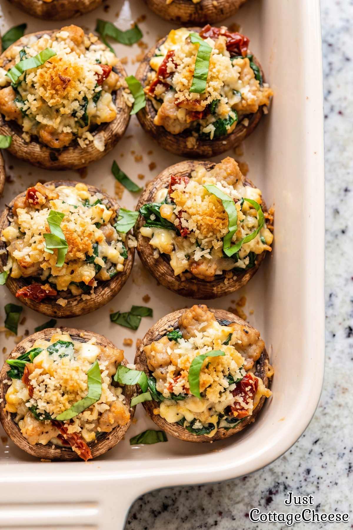 Warm cottage cheese stuffed mushrooms