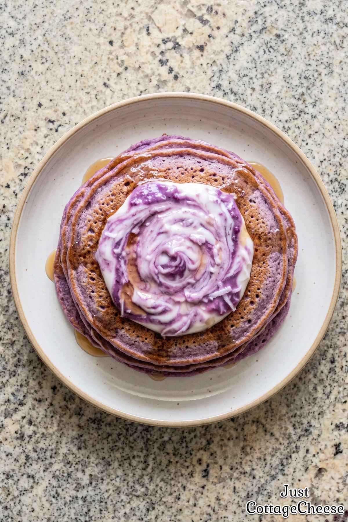 Easy ube coconut cottage cheese pancakes.