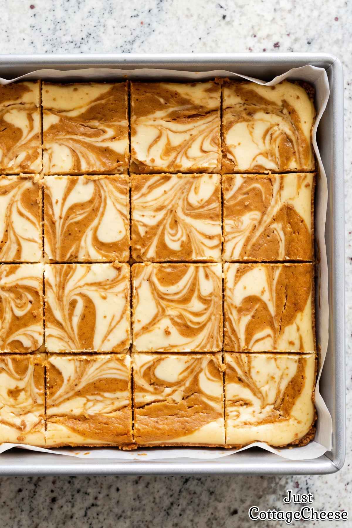 Cottage cheese pumpkin swirl cheesecake bars