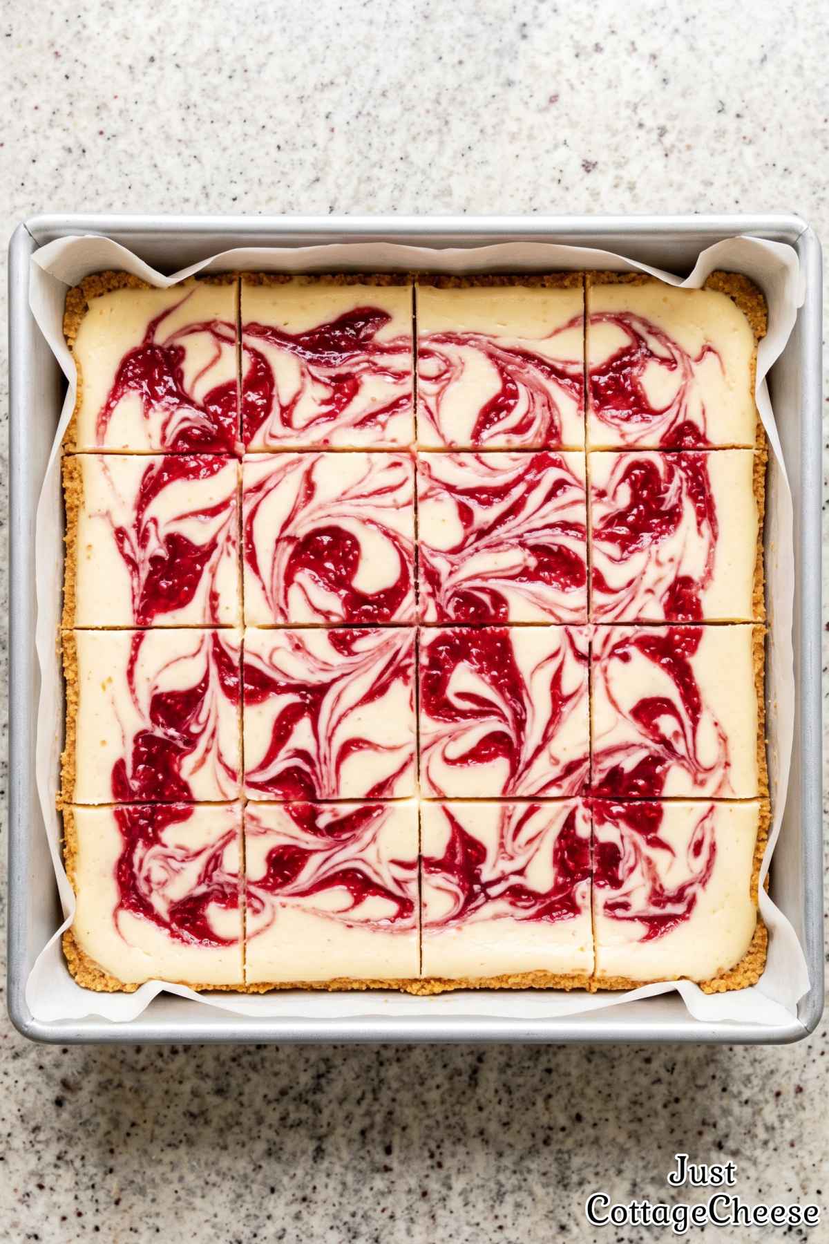 Cottage cheese cheesecake bars with raspberry