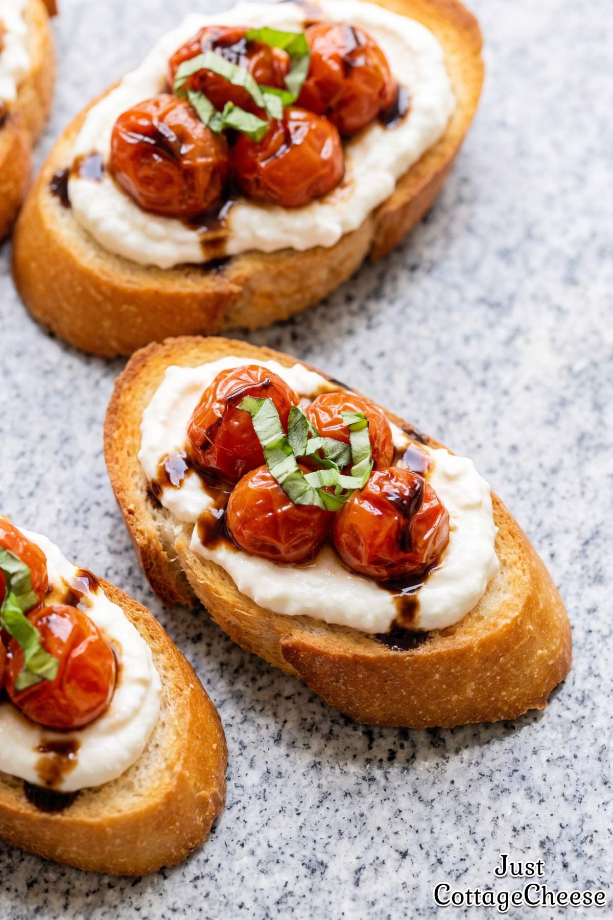 Simple cottage cheese crostini with tomatoes