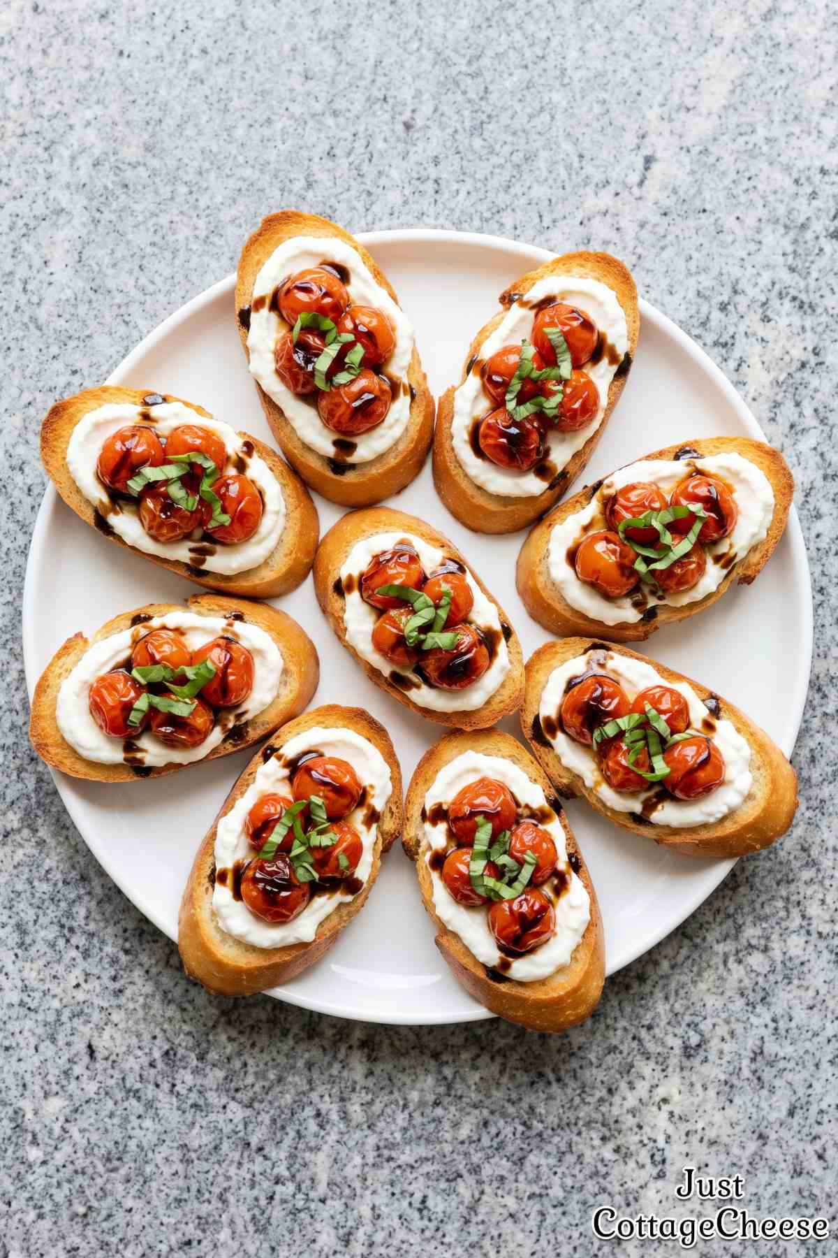 Warm roasted tomato cottage cheese crostini