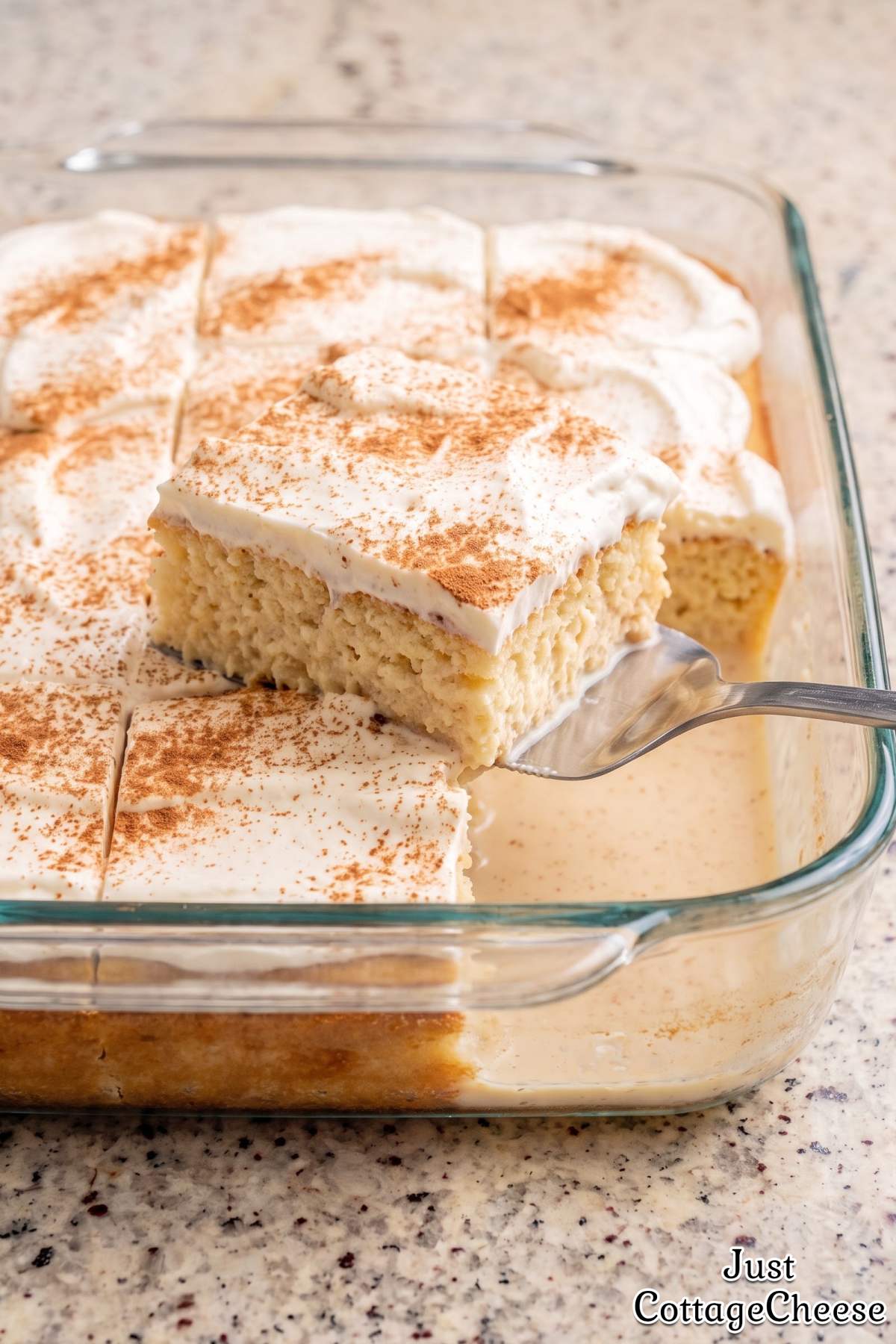 Fresh homemade cottage cheese tres leches cake.