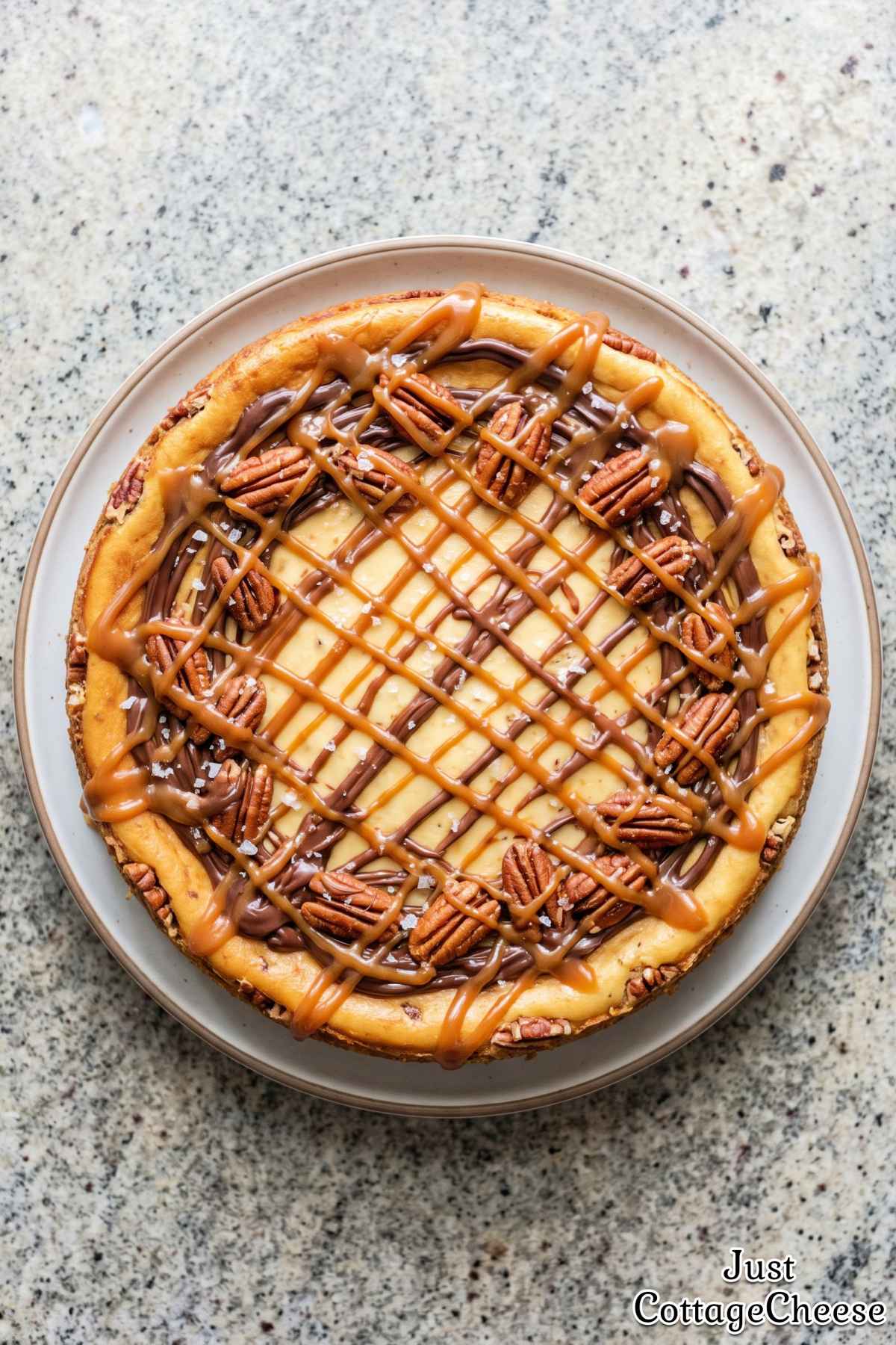 Cottage cheese turtle cheesecake slice