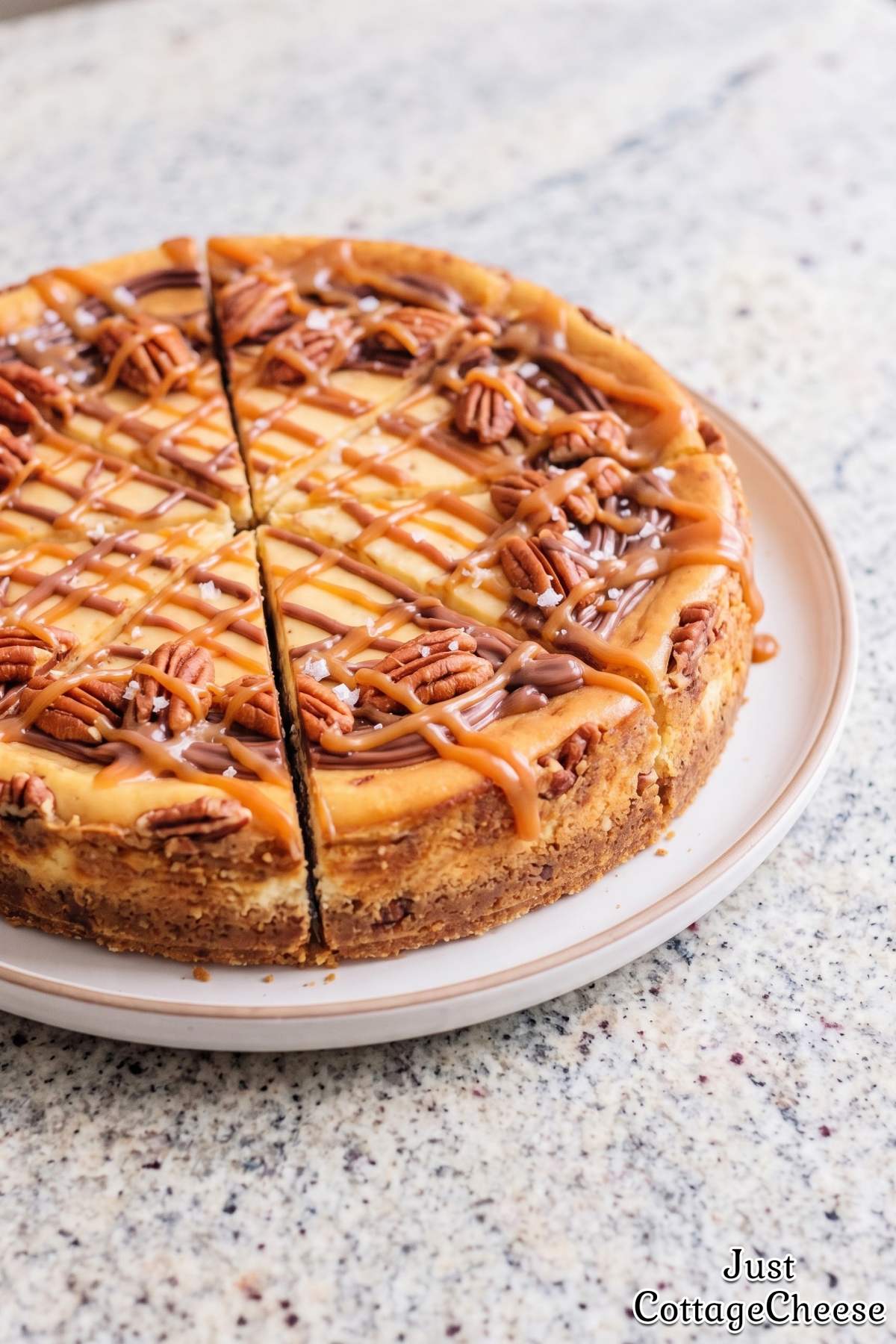 Homemade turtle cottage cheese cheesecake