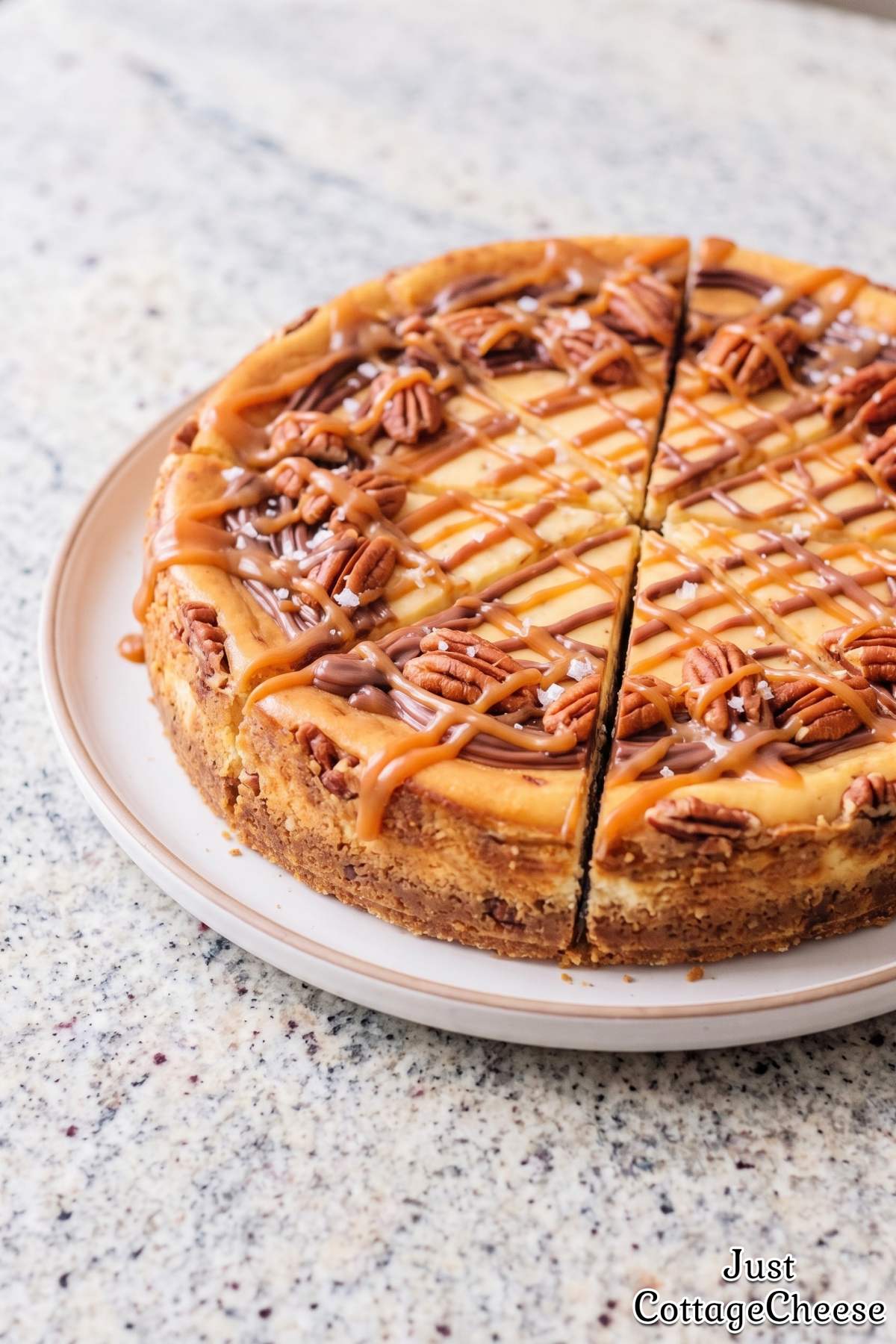 Cottage cheese turtle cheesecake with pecans