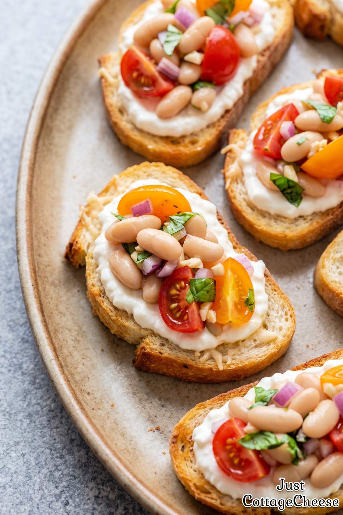 Toasted cottage cheese white bean bruschetta
