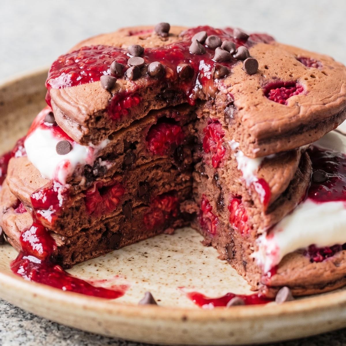 Cottage Cheese Protein Chocolate Raspberry Pancakes