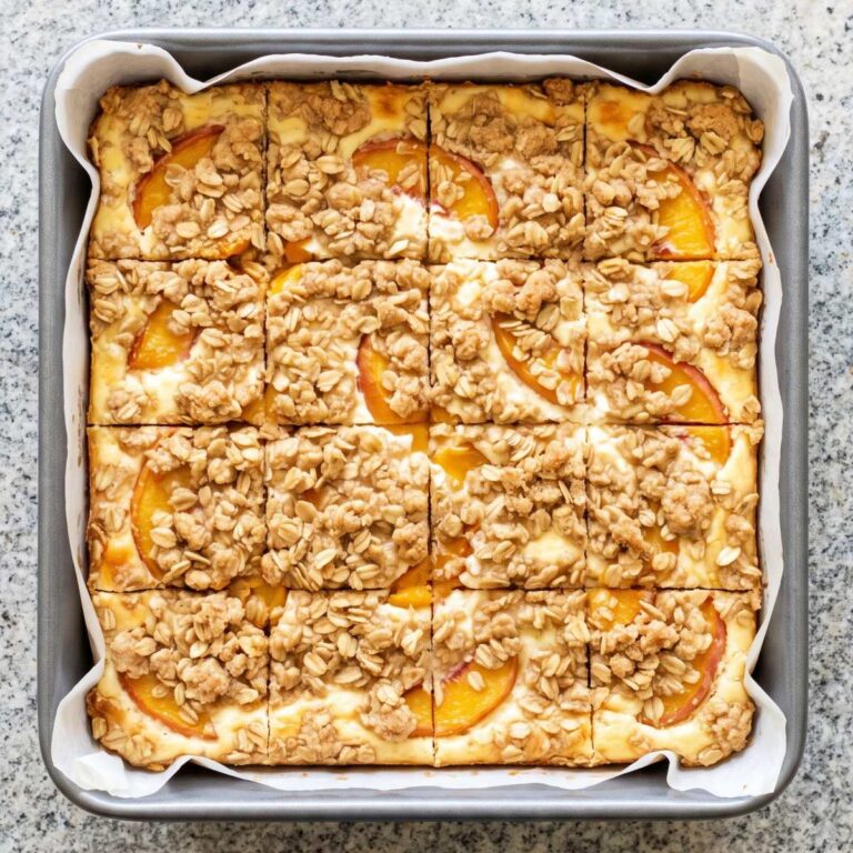 Cottage Cheese Protein Peach Cobbler Cheesecake Bars