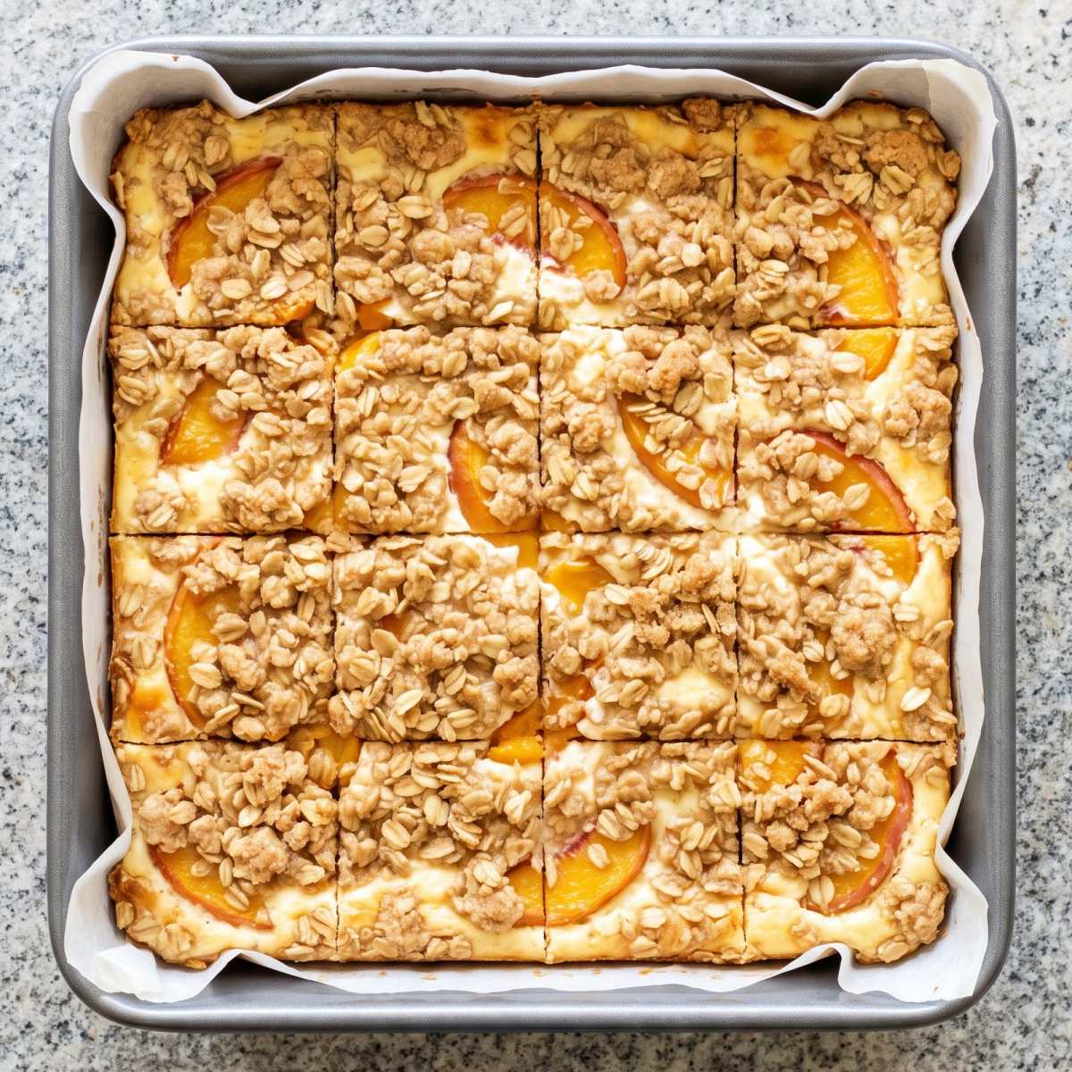 Cottage Cheese Protein Peach Cobbler Cheesecake Bars