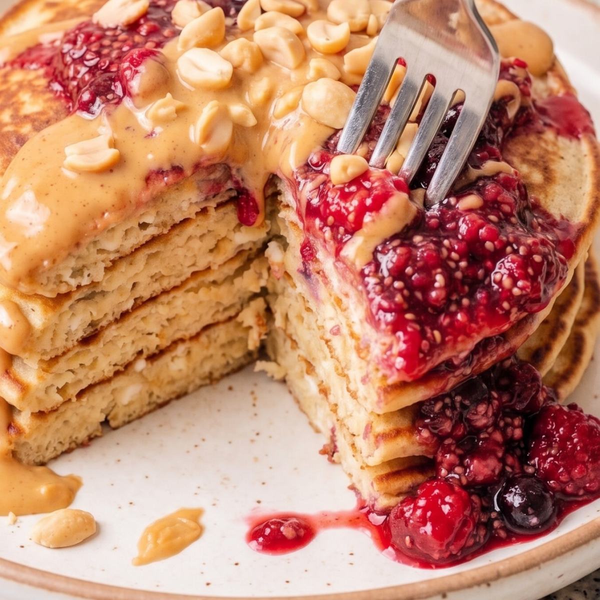 Cottage Cheese Protein Peanut Butter Jelly Pancakes