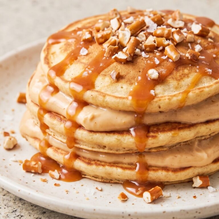 Cottage Cheese Protein Salted Caramel Pretzel Pancakes
