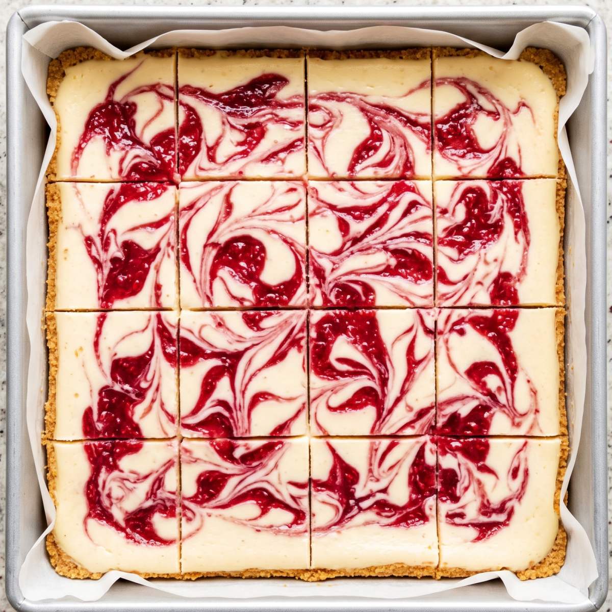 Cottage Cheese Raspberry Swirl Cheesecake Bars